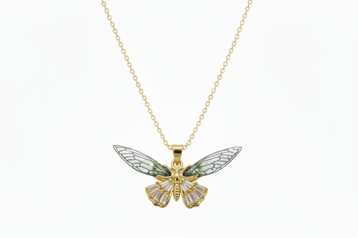 Butterfly pendant necklace on a gold chain against a white background