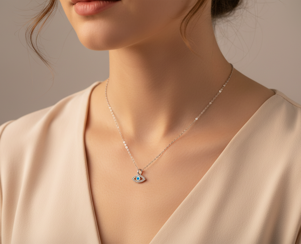 Necklace with an eye pendant worn by a person in a beige top against a neutral background