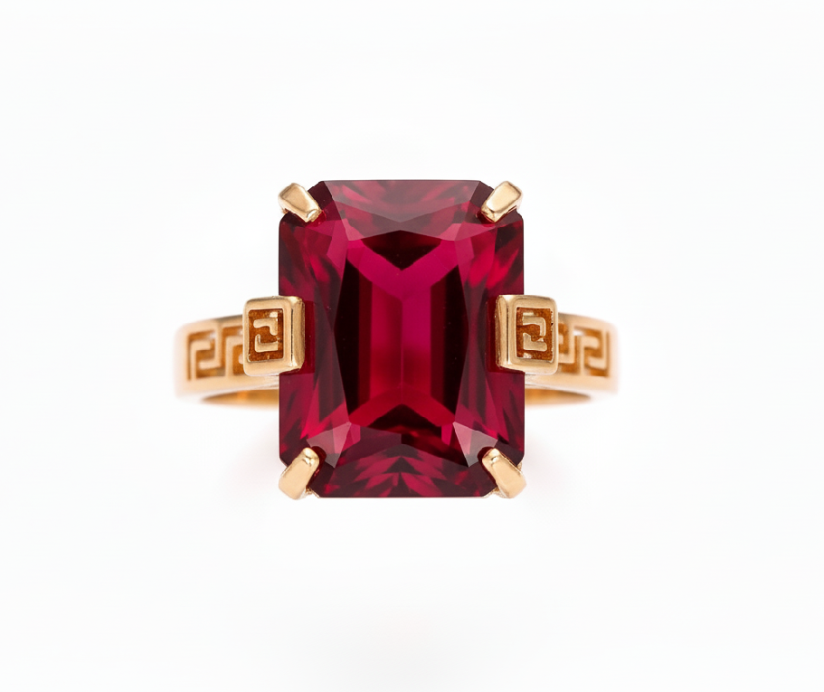 Gold Ring with a red gemstone on white Background