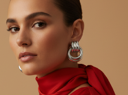 Person wearing a red outfit on a beige background wearing chunky silver earrings.