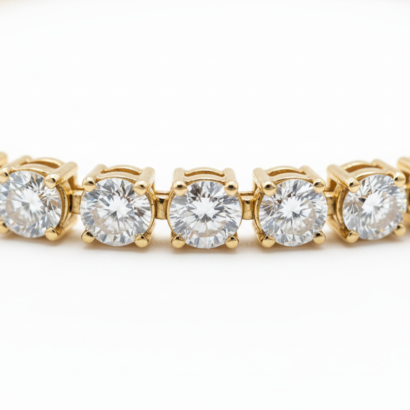 Gold bracelet with clear gemstones on a white background