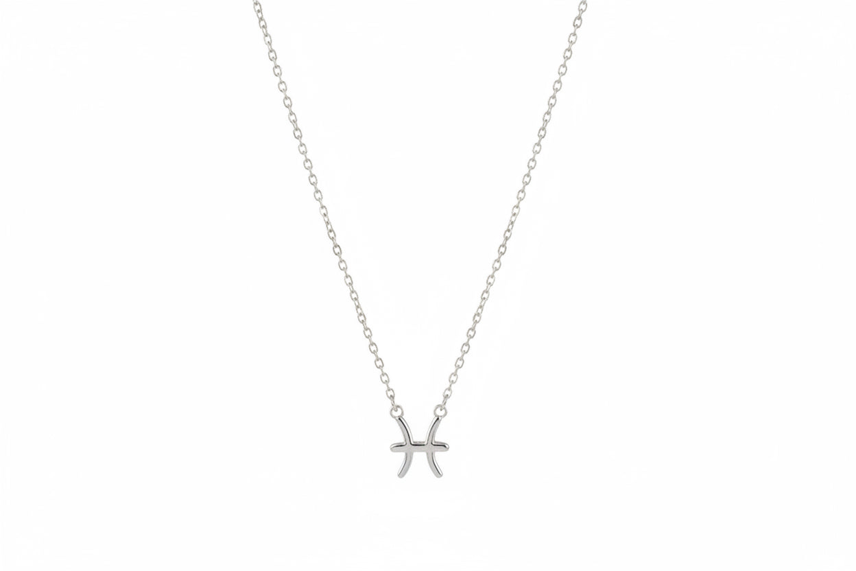 Silver Pisces zodiac pendant necklace on a white background
