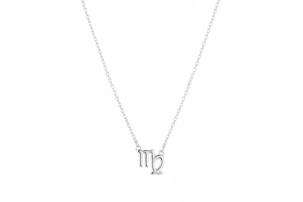 Silver necklace with a virgo zodiac symbol pendant on a white background