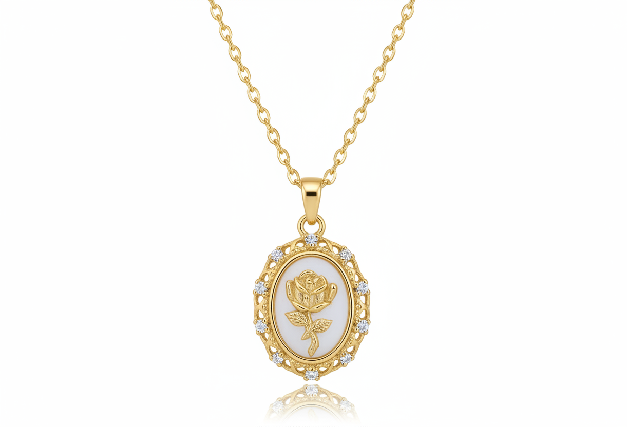 Gold necklace with a rose pendant on a white background