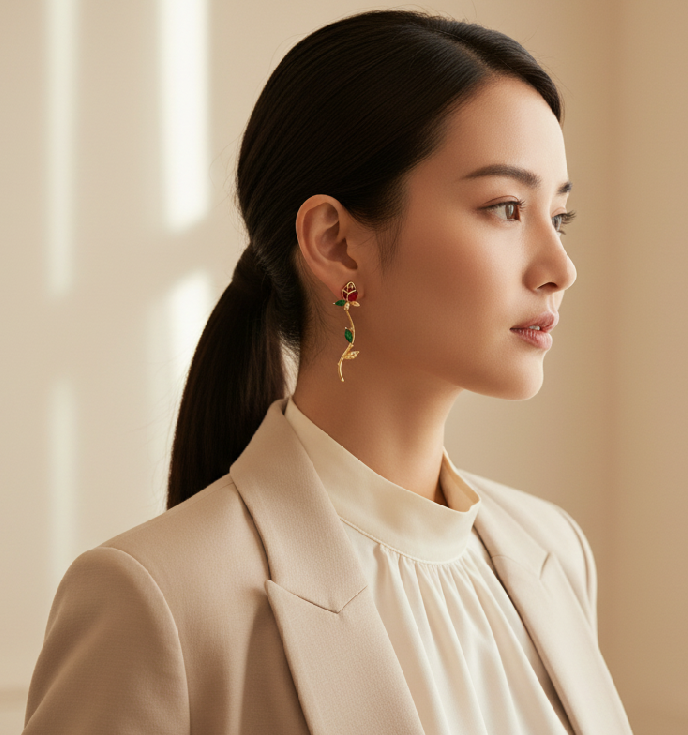 Person in a beige suit standing in a softly lit room with neutral colors.