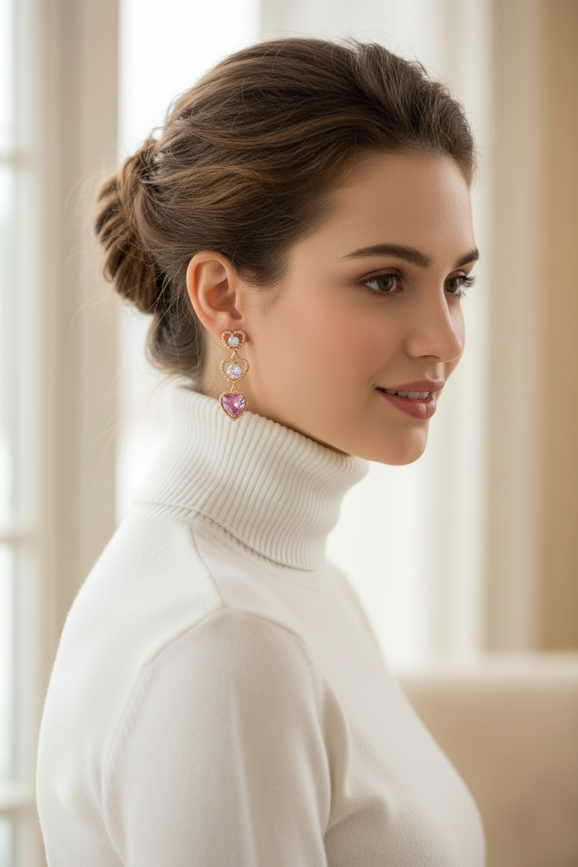 Woman wearing a white turtleneck sweater with a blurred background