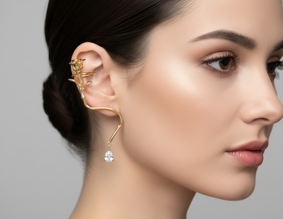 Close-up of a woman wearing a gold ear cuff with a gray background
