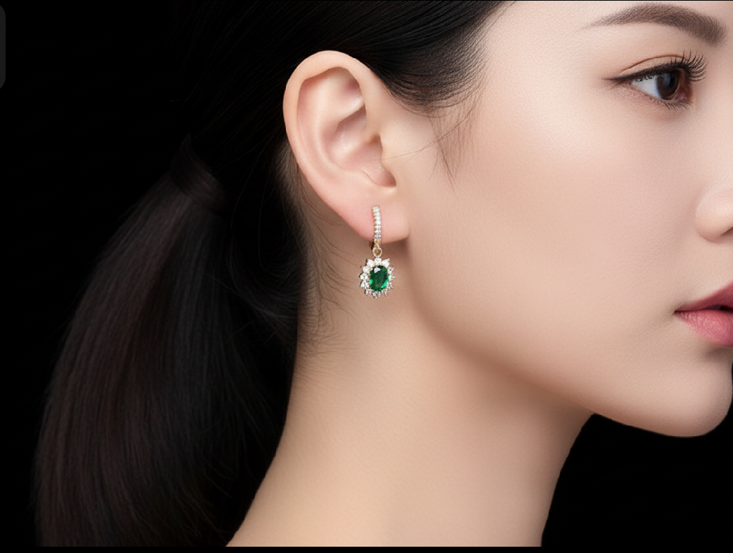 Close-up of a person wearing green earrings with a black interface overlay.