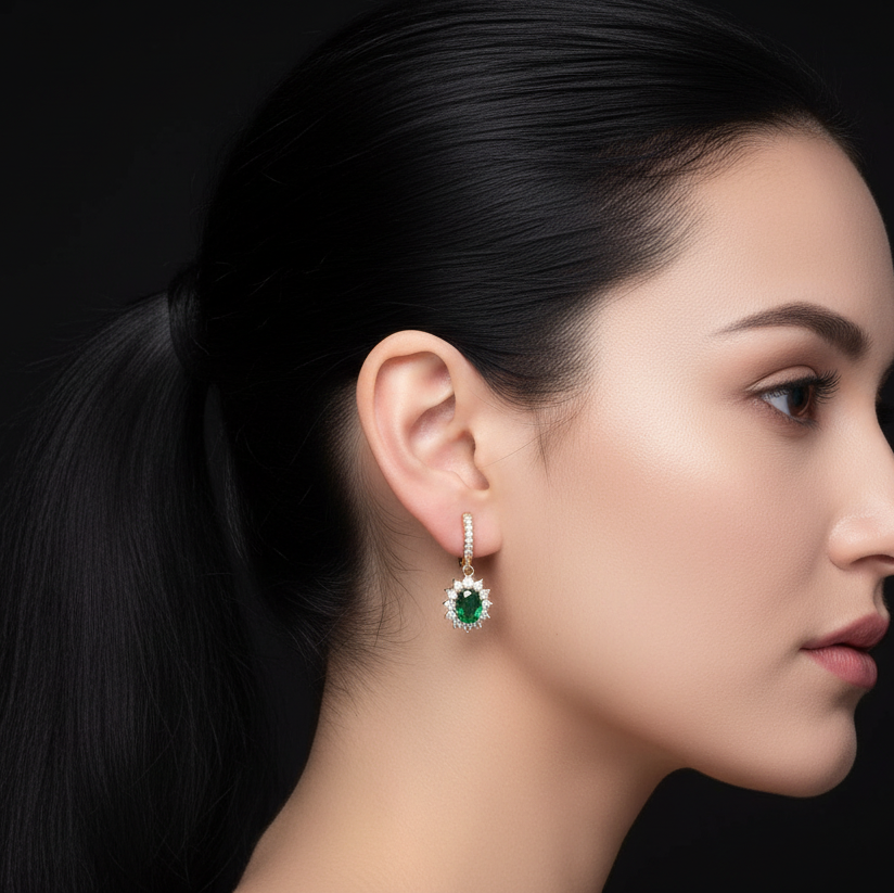 Side profile of a woman wearing emerald green earrings against a black background