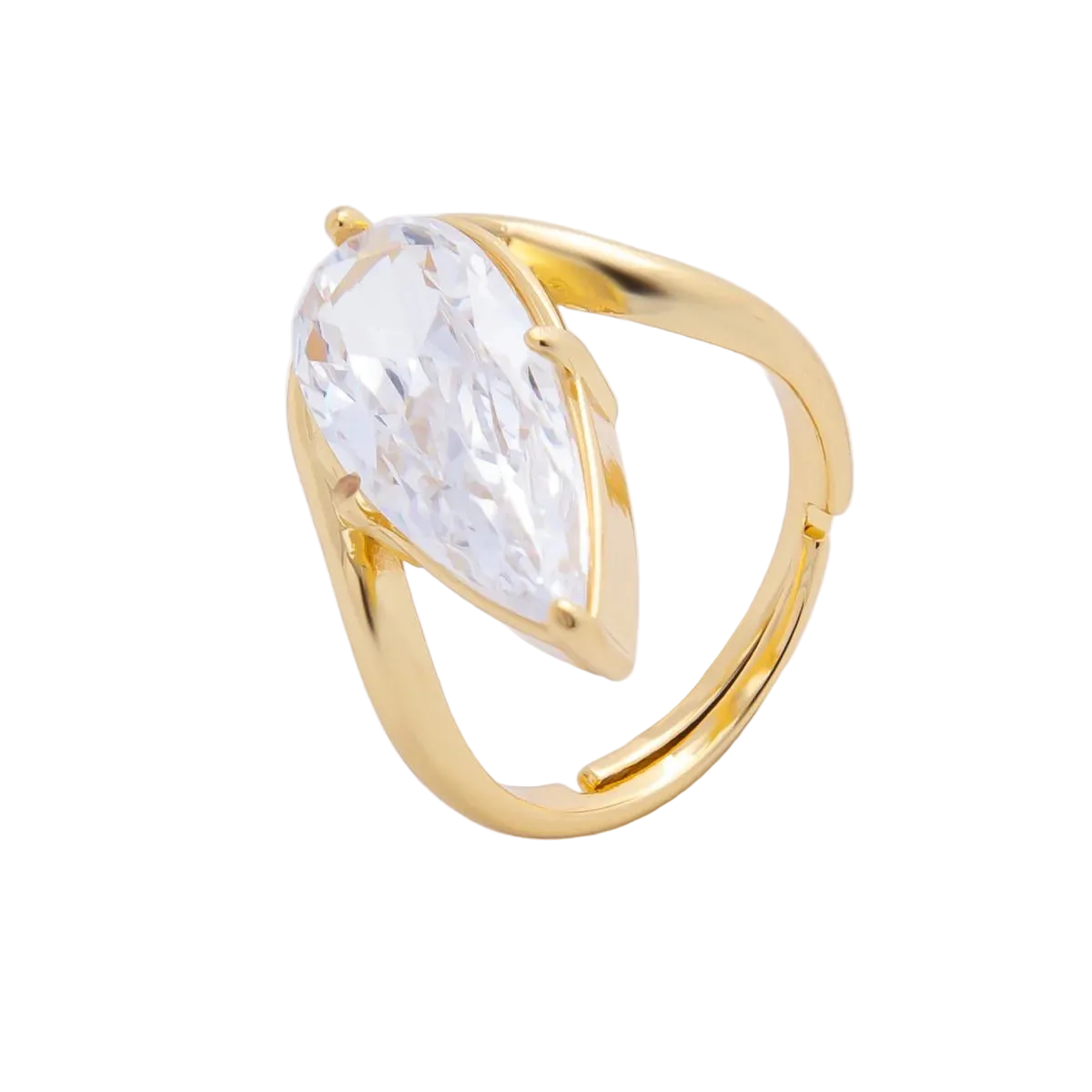Gold ring with a clear gemstone on a light gray background