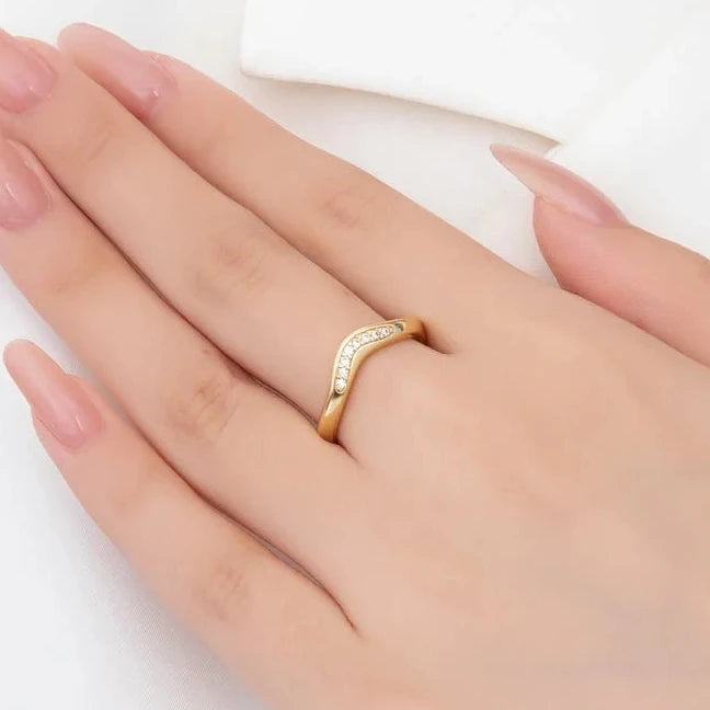 Gold ring on a hand against a white background