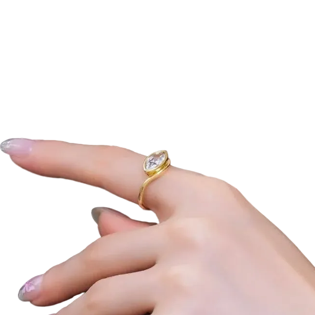 Gold ring with an oval gemstone on a finger