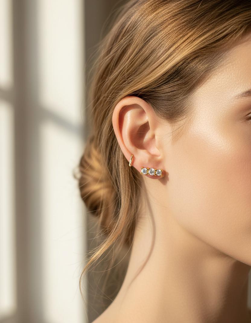 Close-up of a woman wearing diamond stud earrings with a neutral background