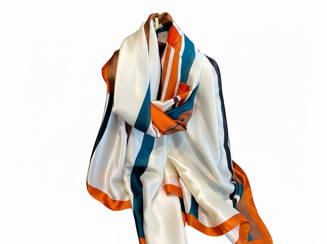 Colorful striped scarf draped over a mannequin on a white background