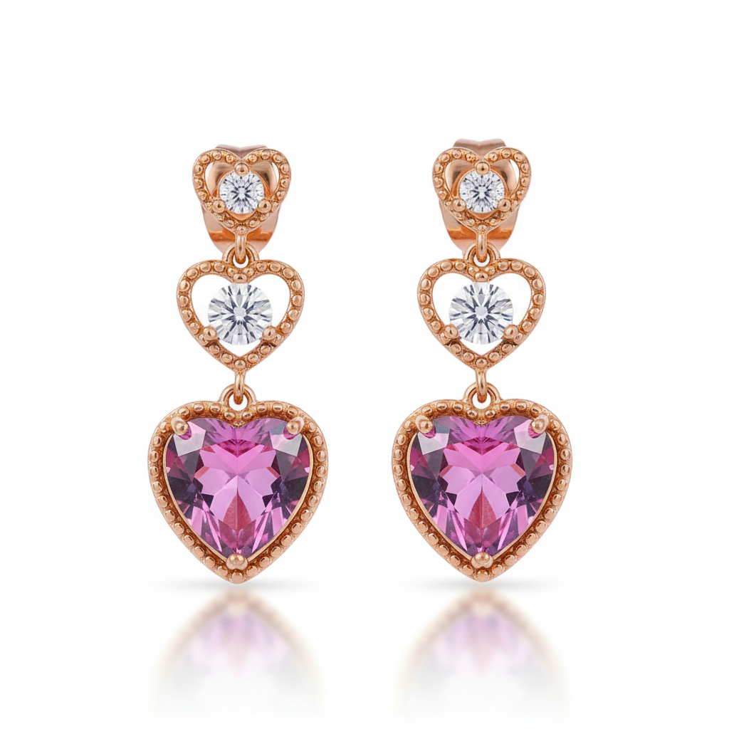 Heart-shaped earrings with pink gemstones and rose gold frames on a white background