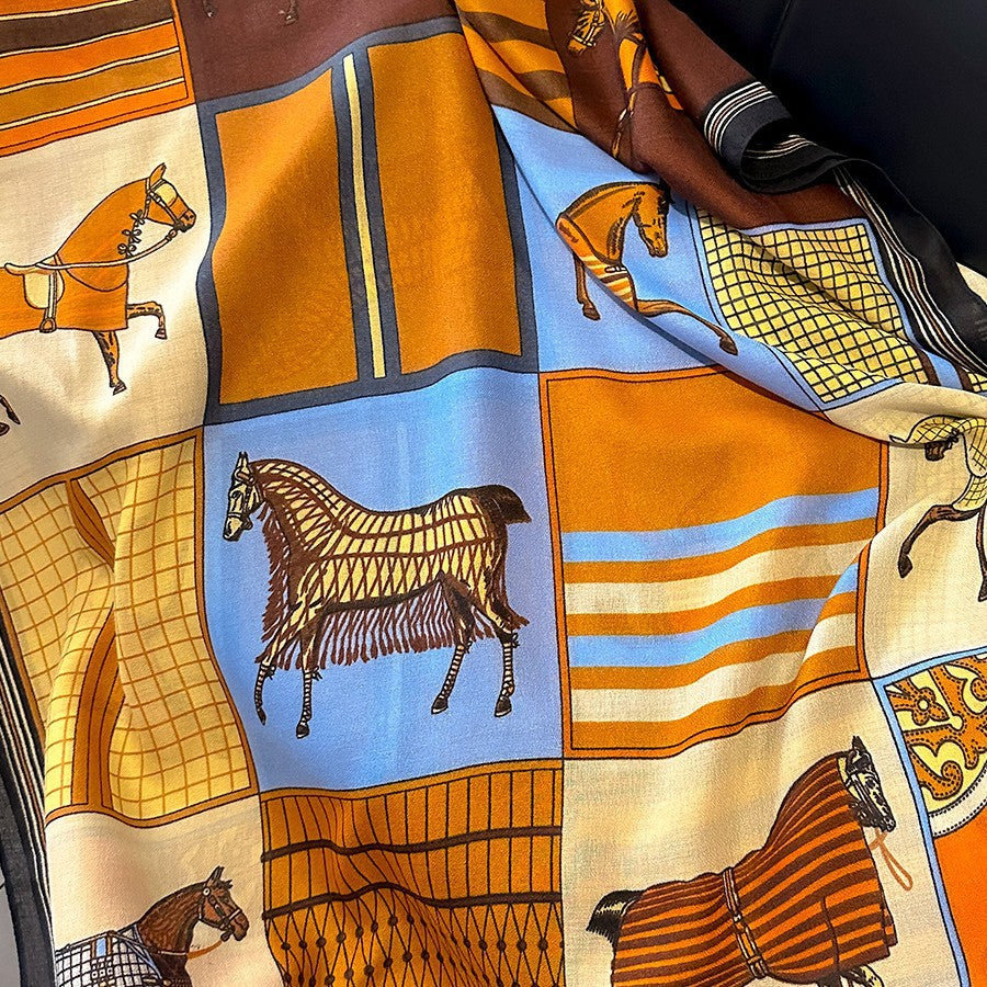 Fabric with horse pattern and checkered design