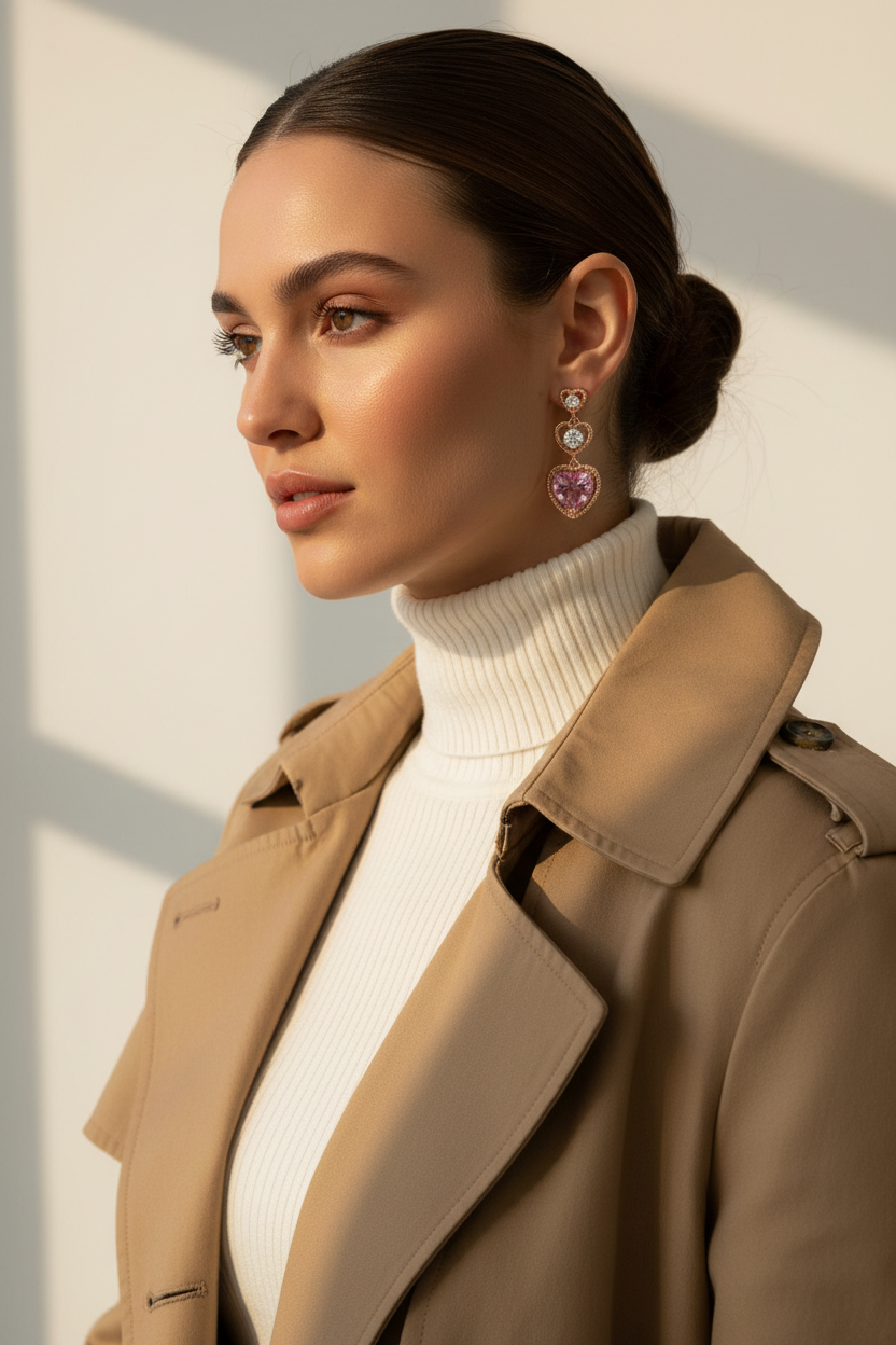 Woman wearing a beige trench coat, pink and clear diamond earrings, and white turtleneck against a light background