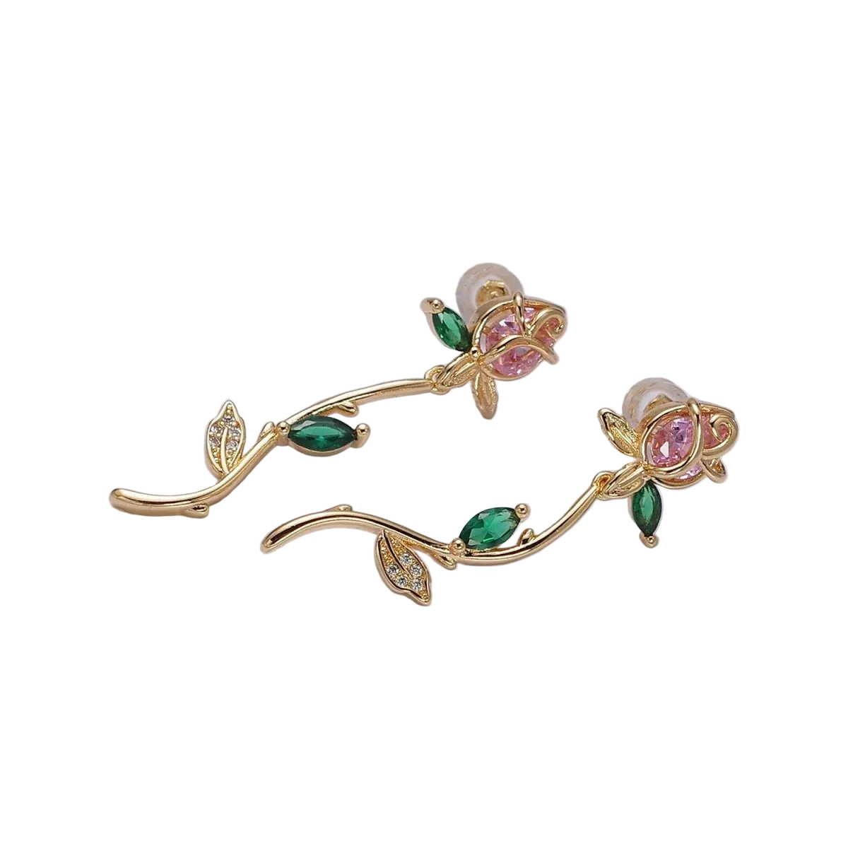 Gold rose earrings with floral and leaf designs