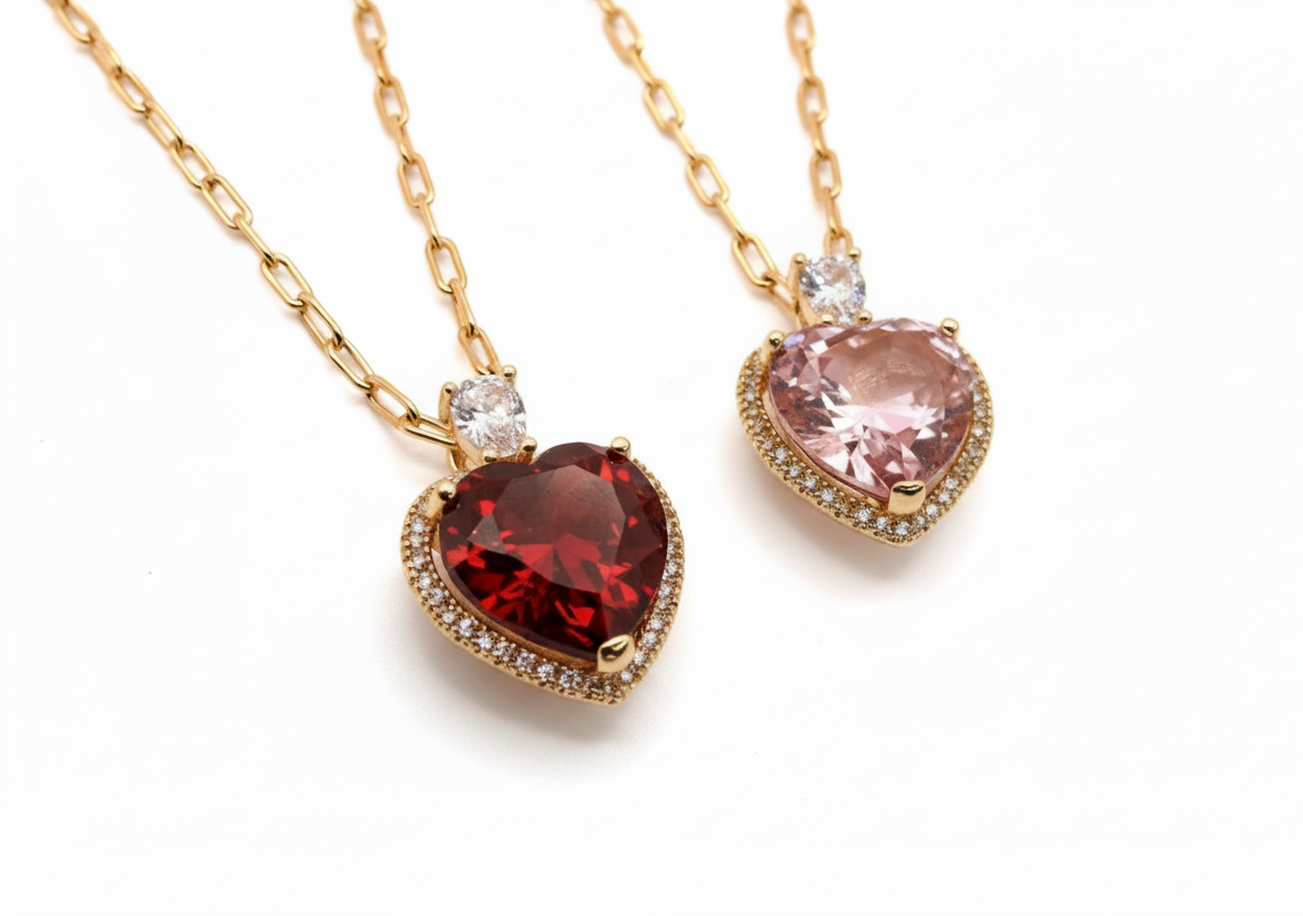 Two heart-shaped gemstone necklaces on gold chains with a white background