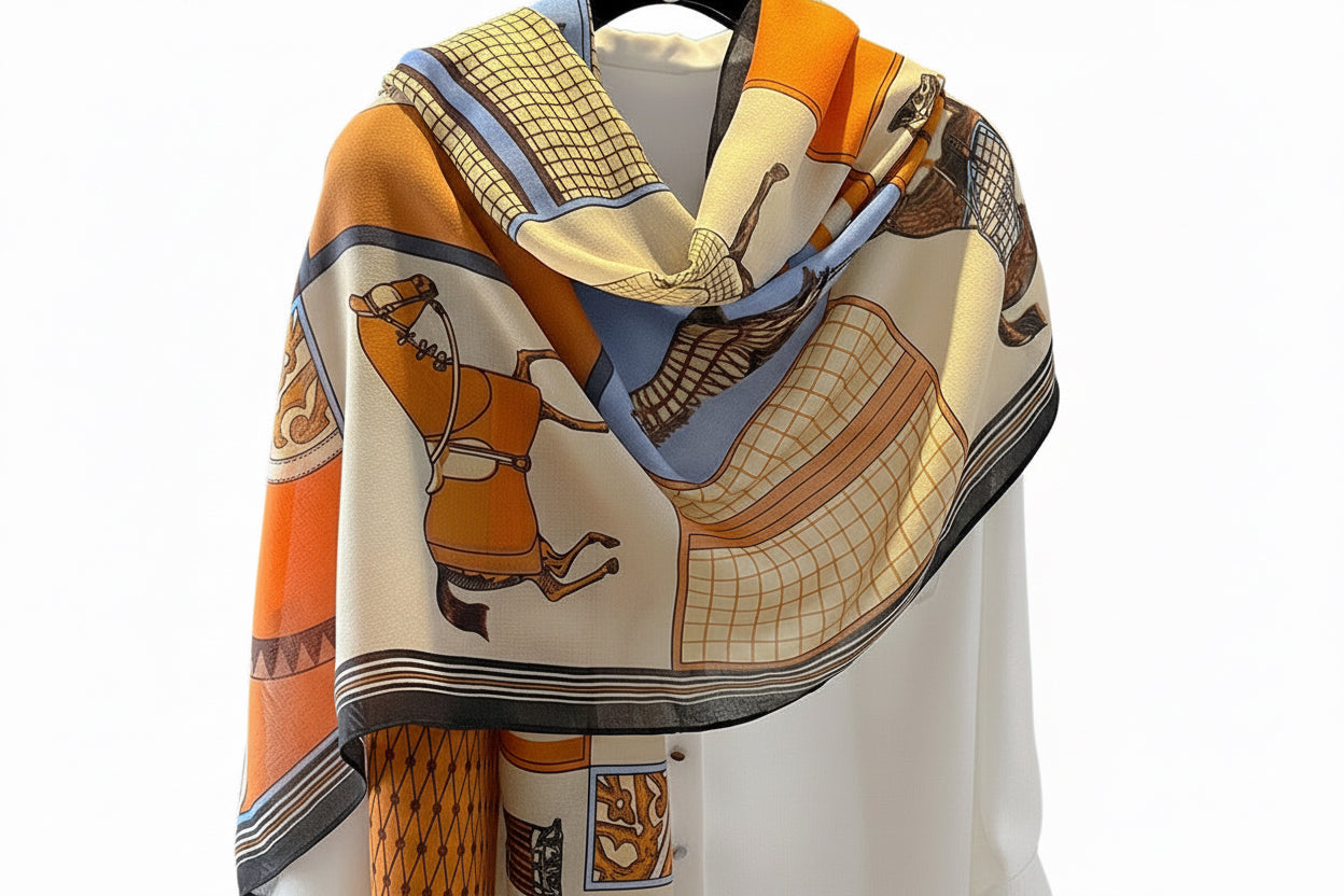 Decorative scarf with horse and rider pattern on a white background