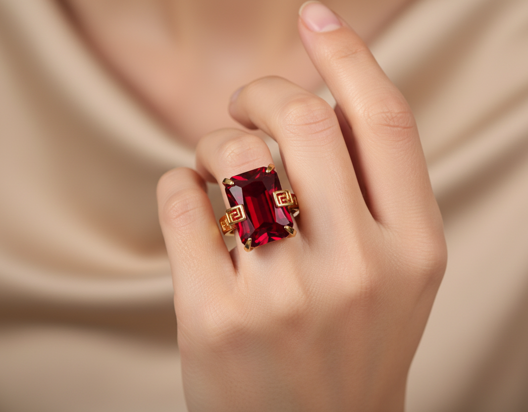 Hand wearing a gold ring with a red gemstone against a beige fabric background