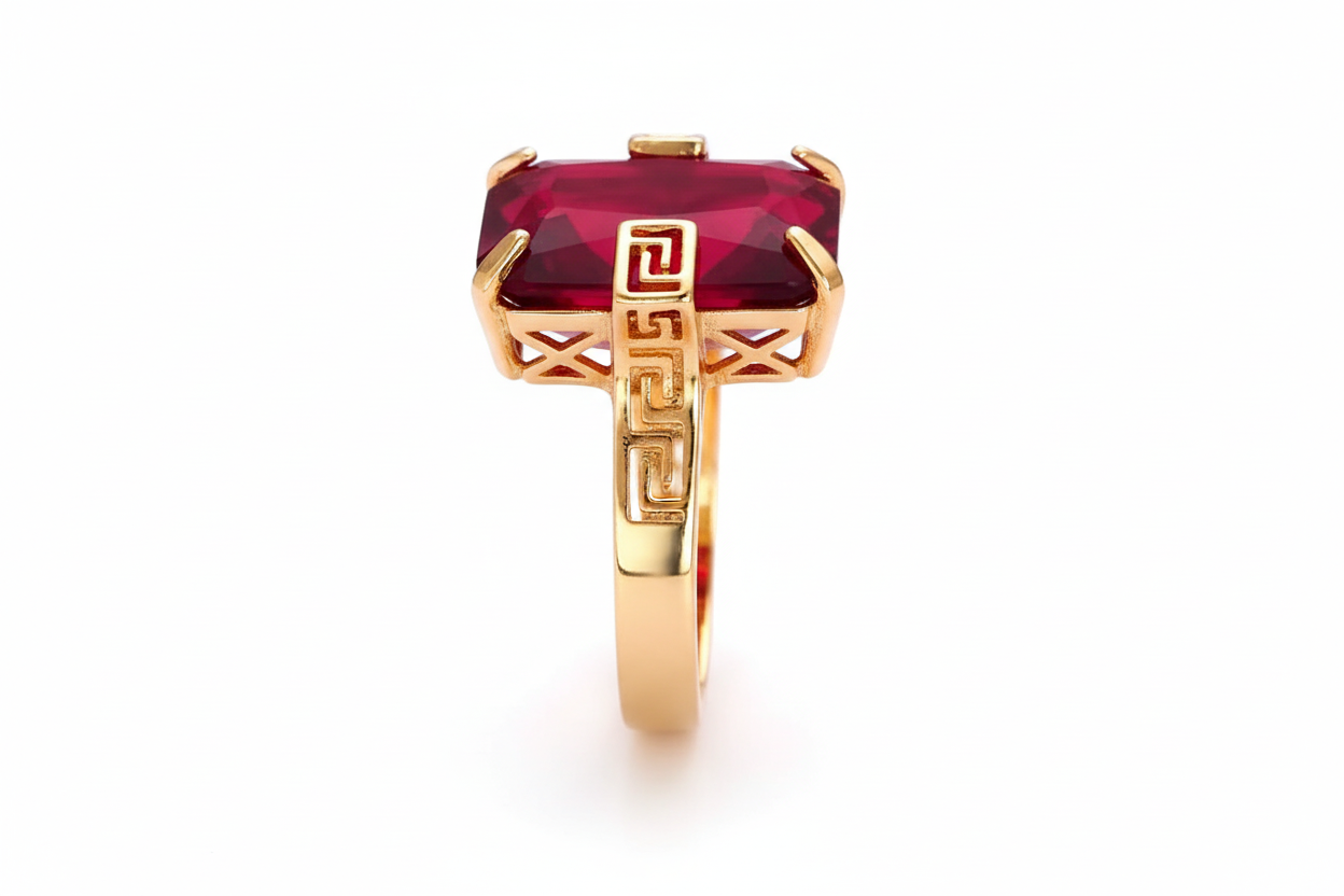 Gold ring with a red gemstone on a white background