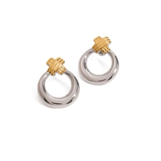 Pair of silver and gold hoop earrings on a white background