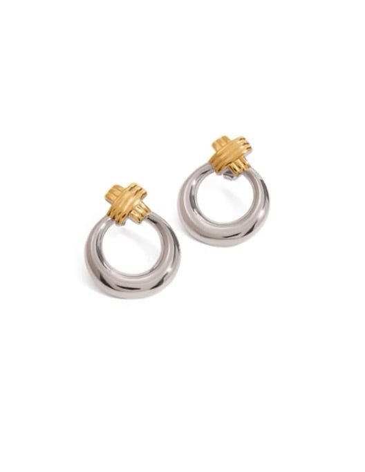 Pair of silver and gold hoop earrings on a white background