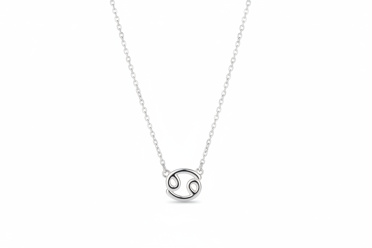 Silver necklace with a Cancer zodiac symbol pendant on a white background