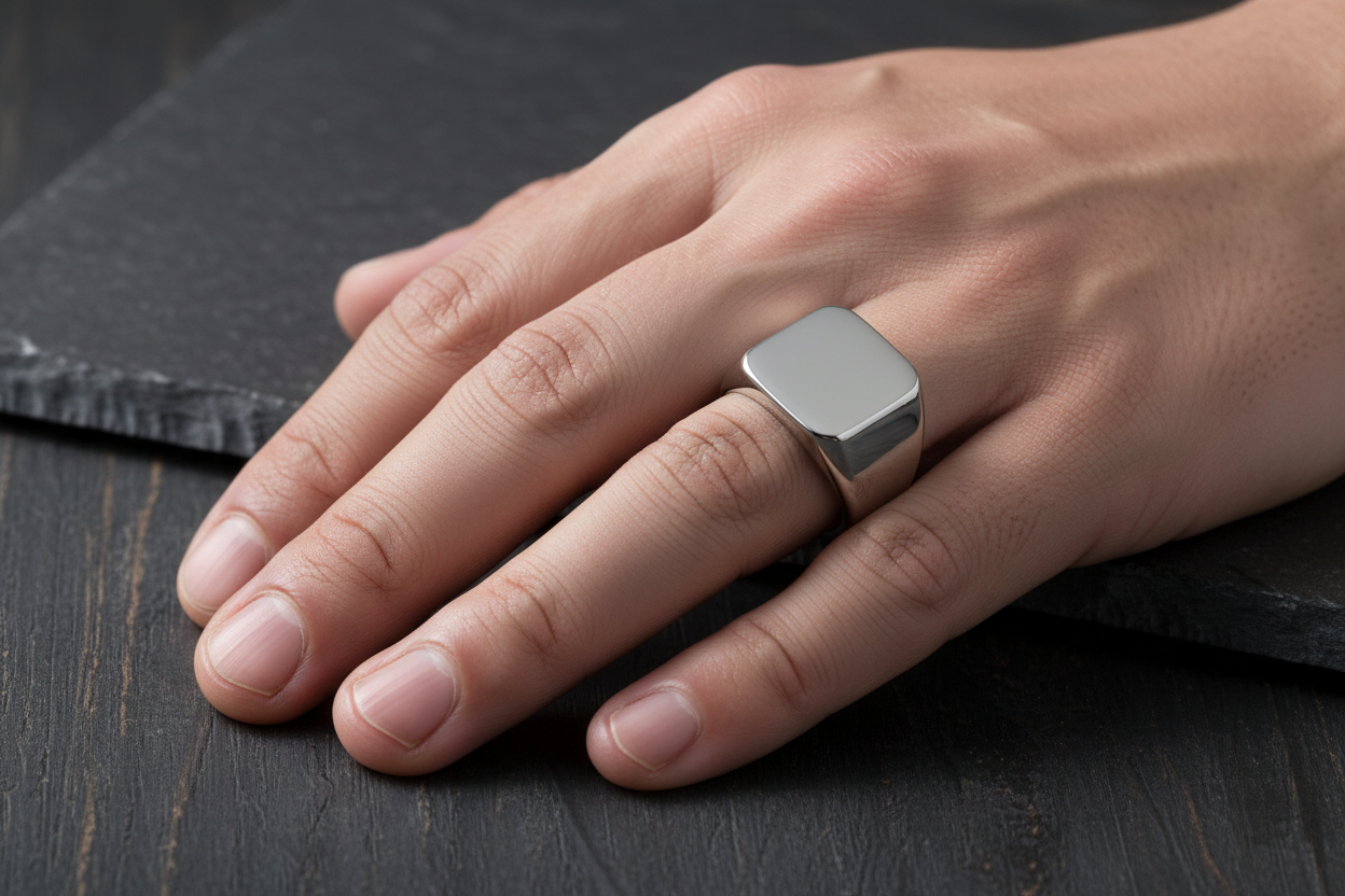 Hand wearing a silver ring on a dark wooden surface