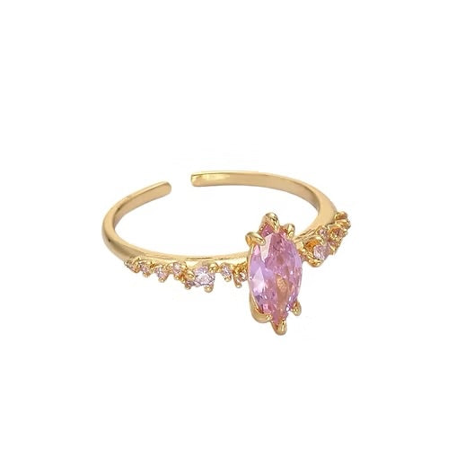 Gold ring with a pink gemstone on a white background