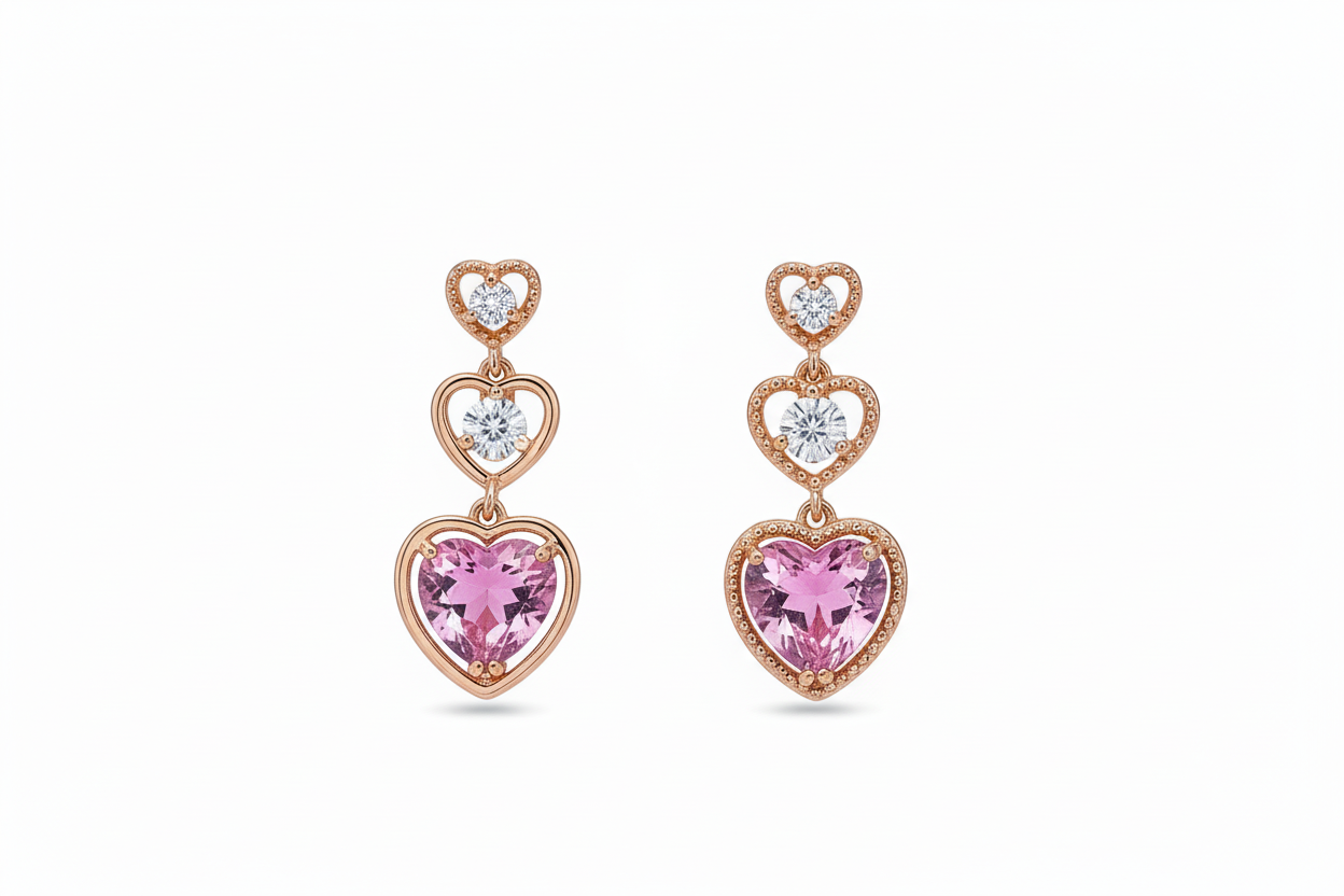 Heart-shaped earrings with pink gemstones and rose gold accents on a white background