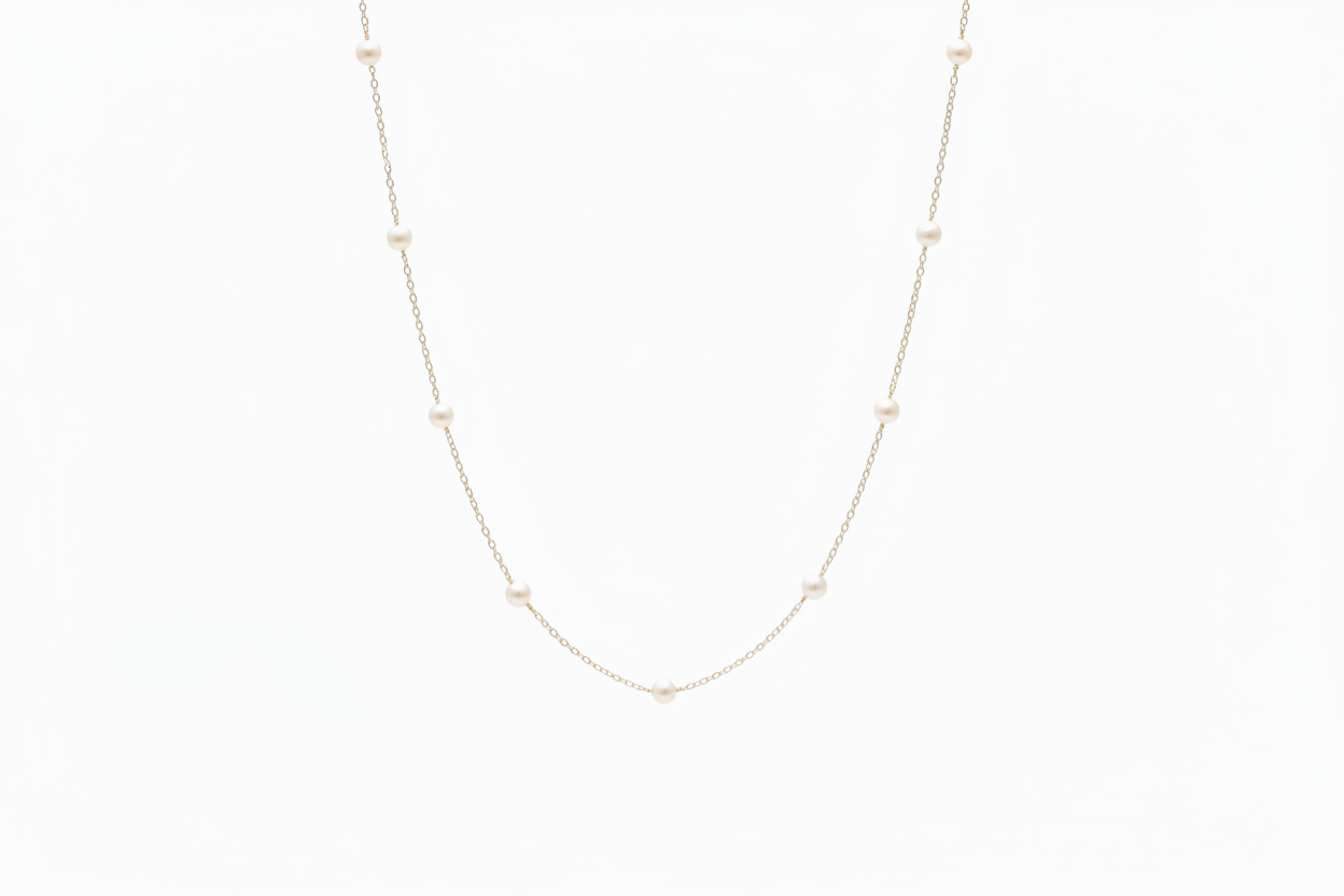 Delicate necklace with small beads on a white background