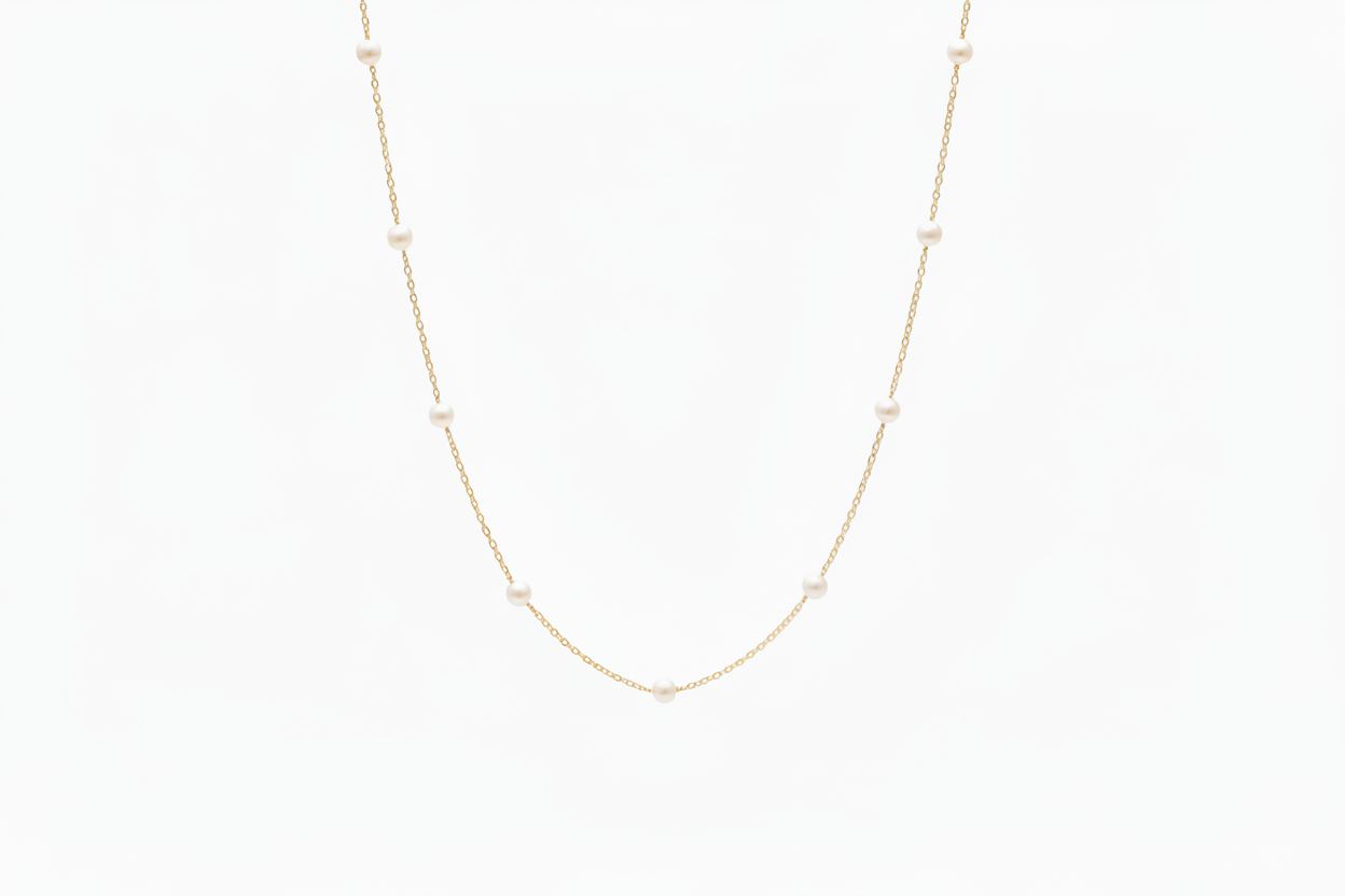 Gold necklace with small pearl beads on a light beige background