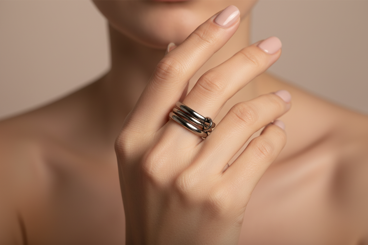 A close-up of a person's hand wearing three stacked silver rings against a soft beige background.