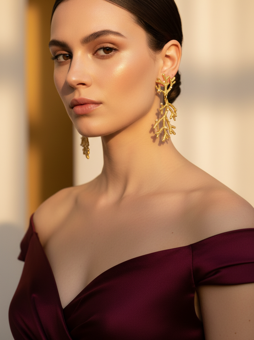 Woman wearing gold earrings and a burgundy off-shoulder top against a blurred background