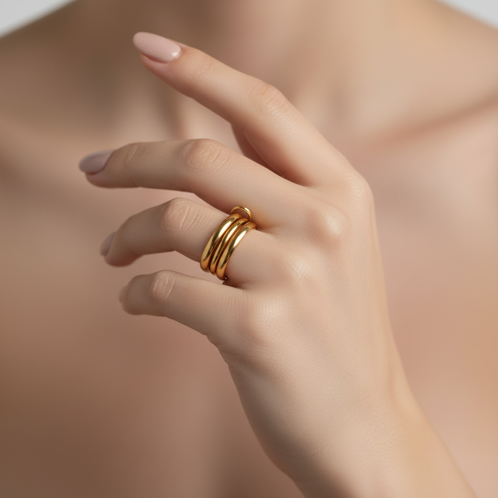 A close-up of a hand wearing three slim, parallel gold rings on one finger, set against a softly blurred warm beige background.