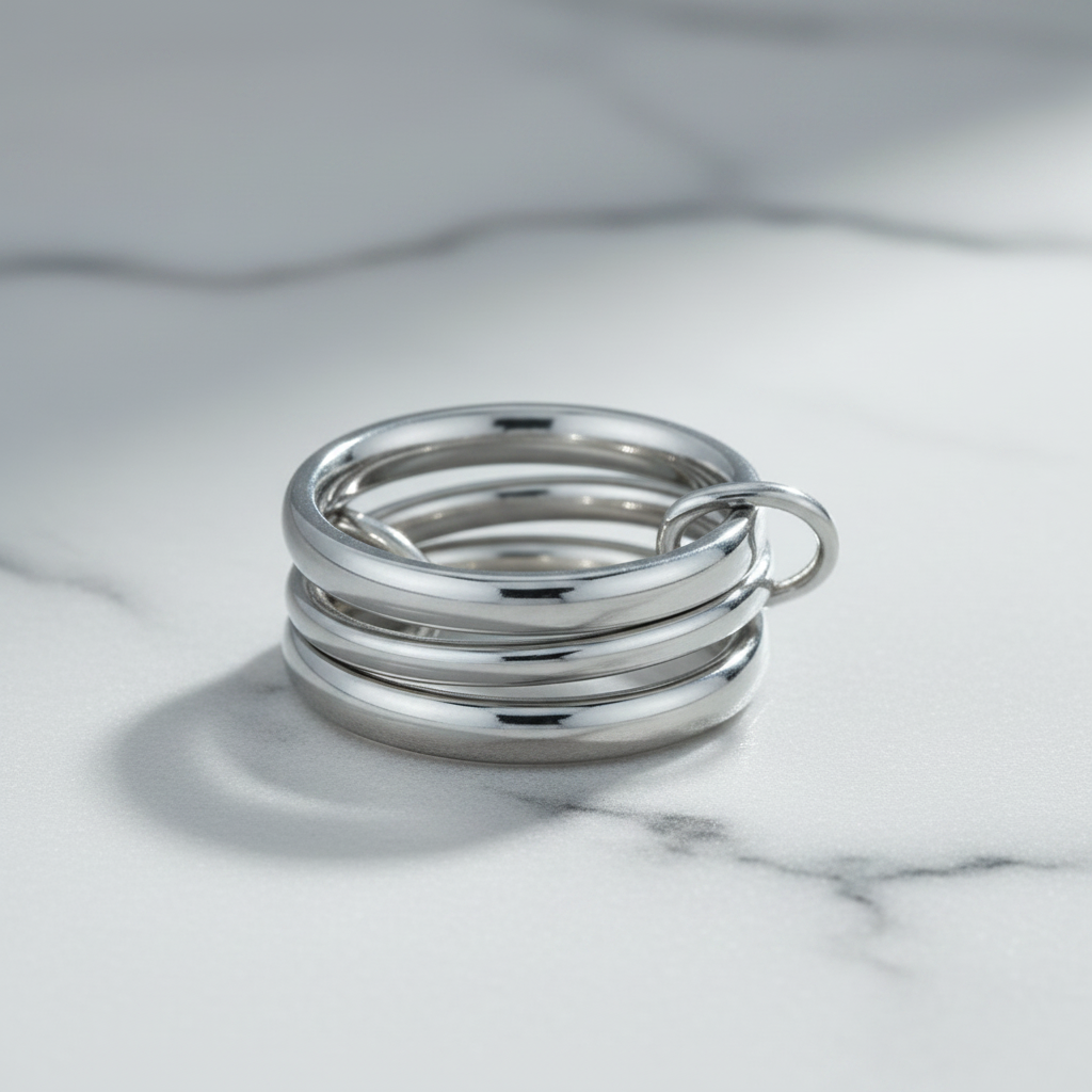 A stack of three polished silver rings with a small attached silver loop, displayed on a white marble surface.