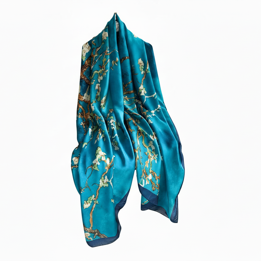 Teal scarf with floral pattern on a white background