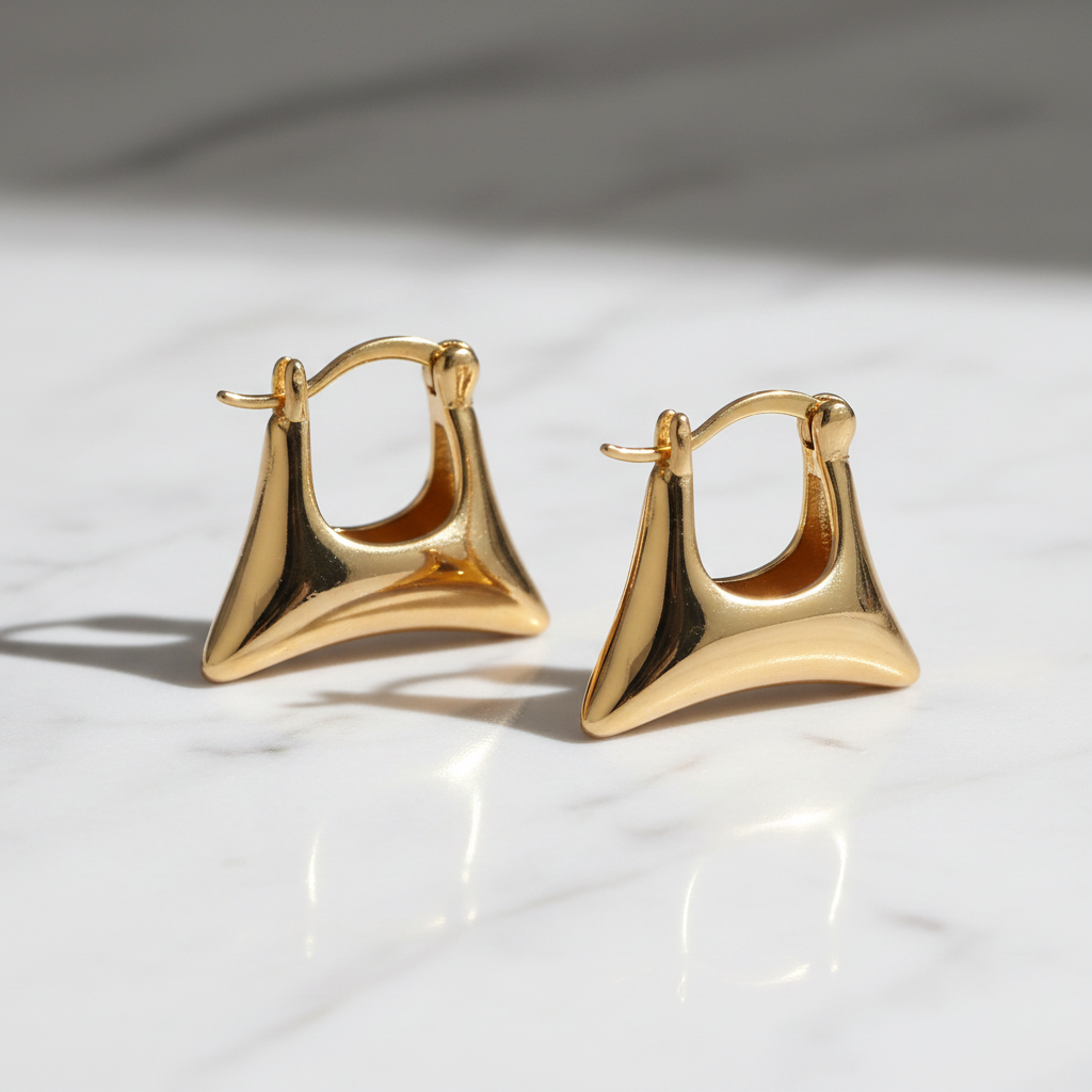 Gold hoop earrings on a light background