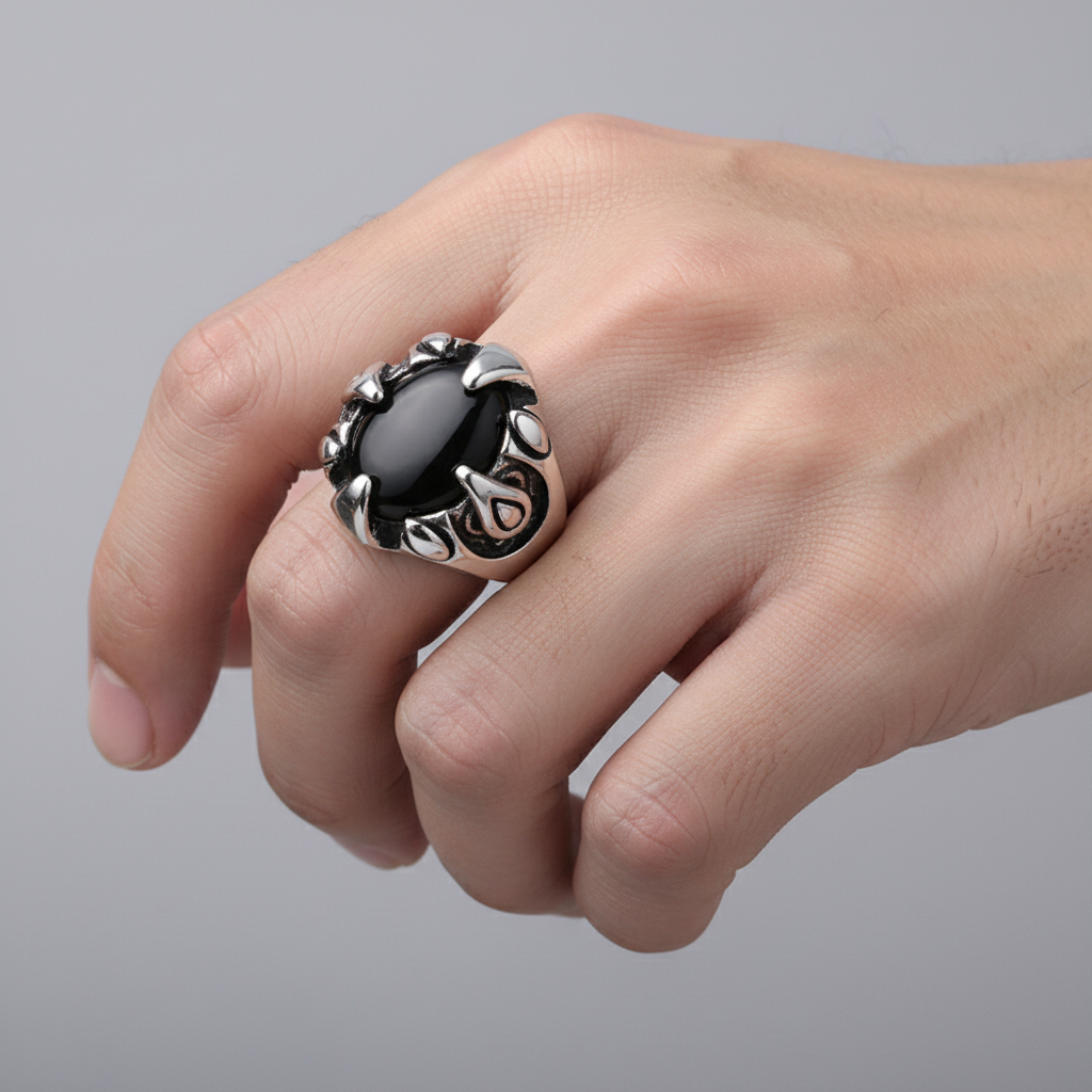 Hand wearing a silver ring with a black gemstone on a gray background
