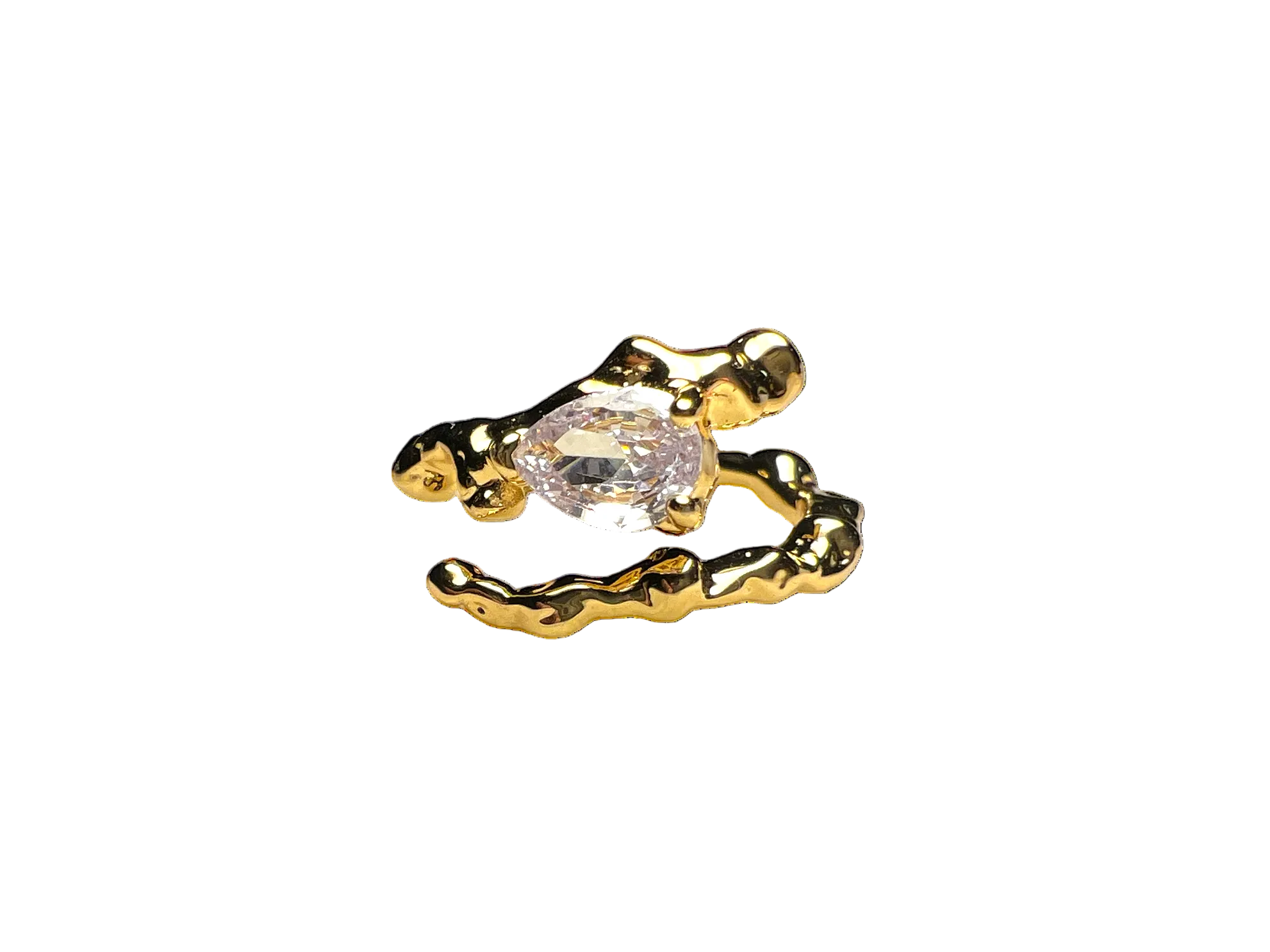 Gold hammered ring with central clear teardrop stone