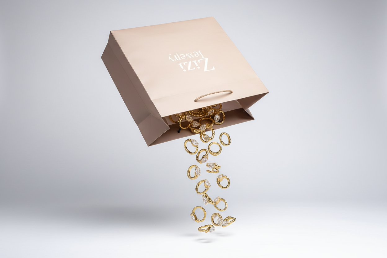 Gold jewelry pieces spilling out of a branded Zizi Jewelry shopping bag