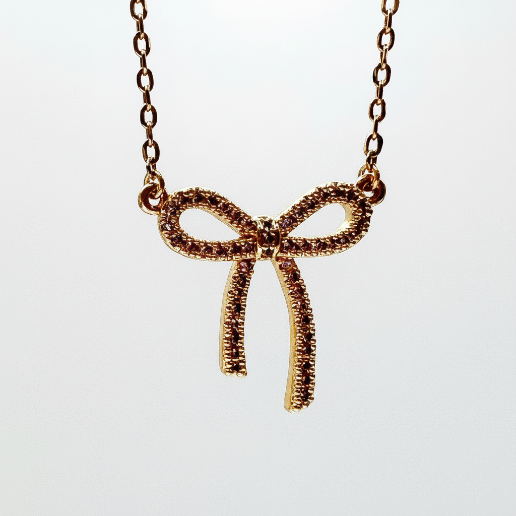 Gold bow-shaped necklace on a white background