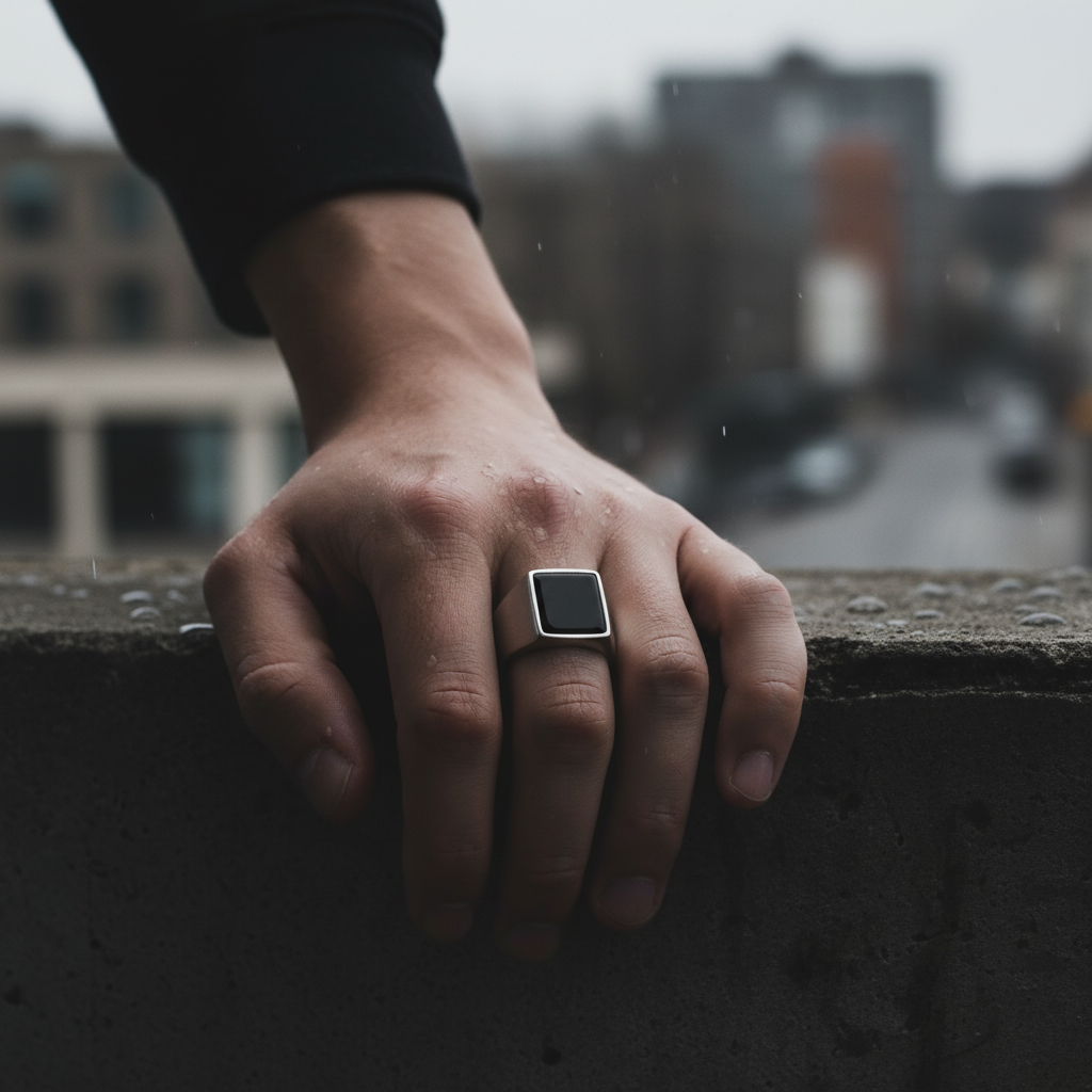 Hand with a ring on a concrete ledge, blurred cityscape in the background