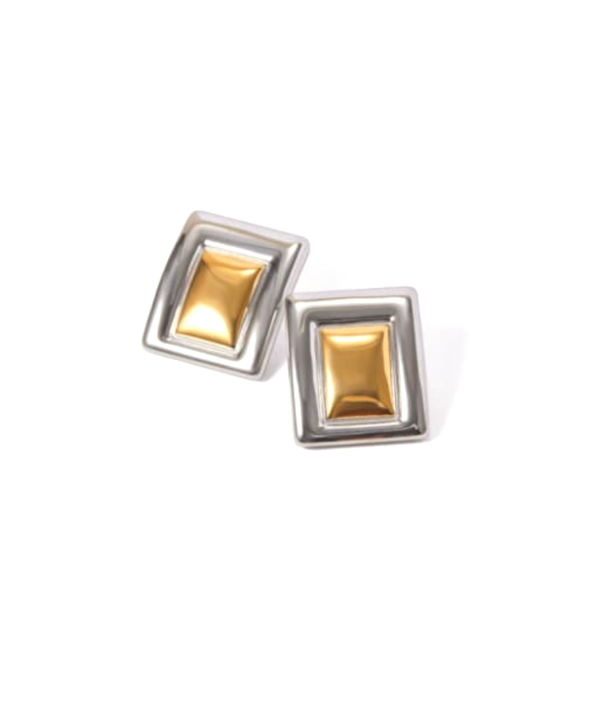 Pair of square-shaped earrings with gold center and silver frame on a white background