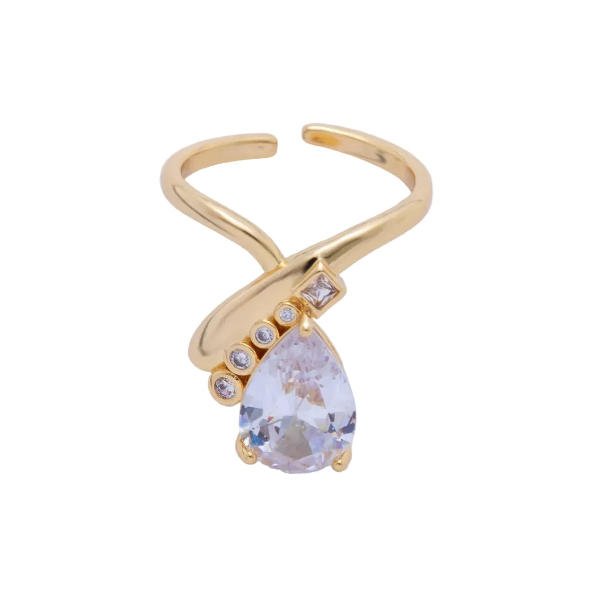 Adjustable gold ring with large clear center stone on a white background