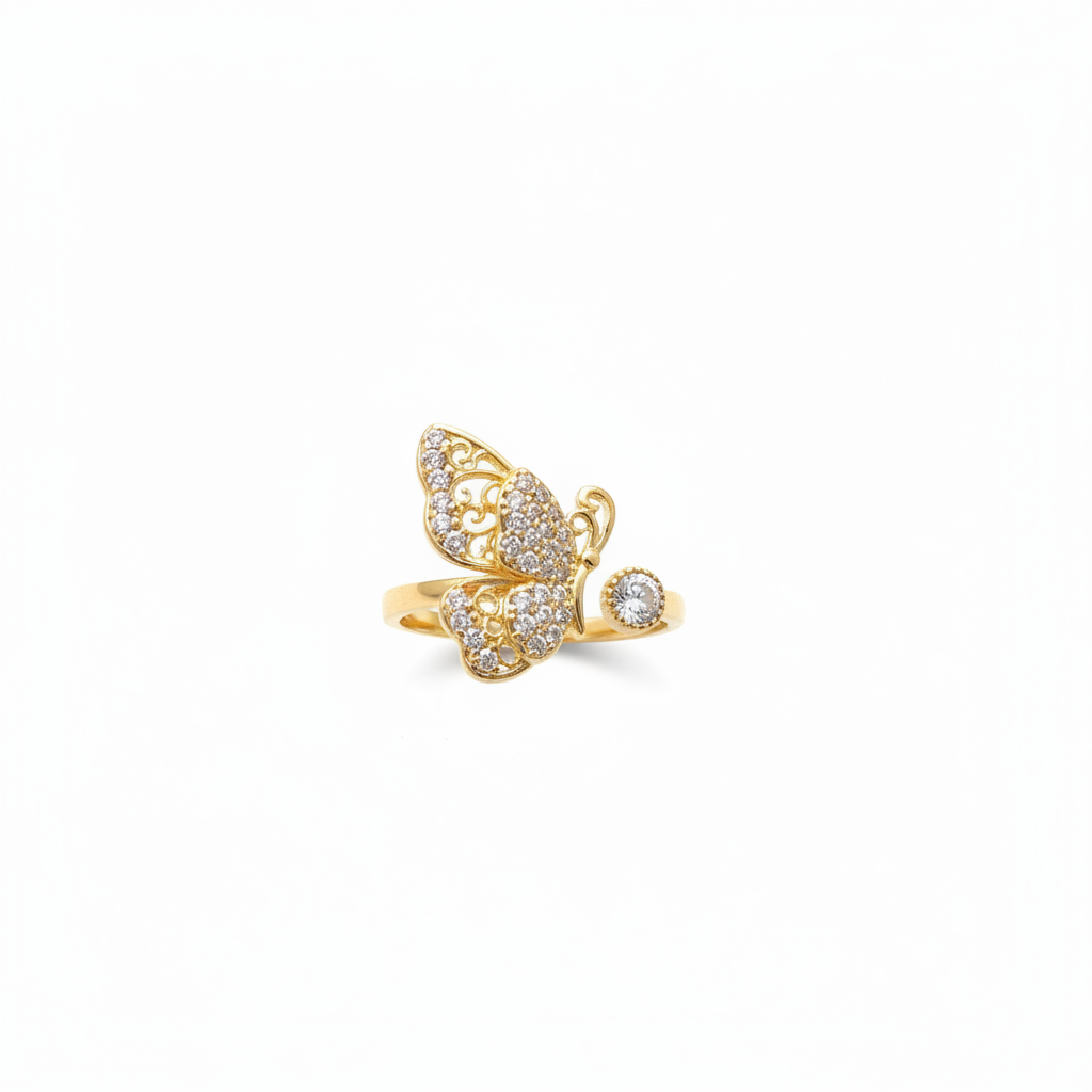 Gold butterfly ring with dimensions on a white background
