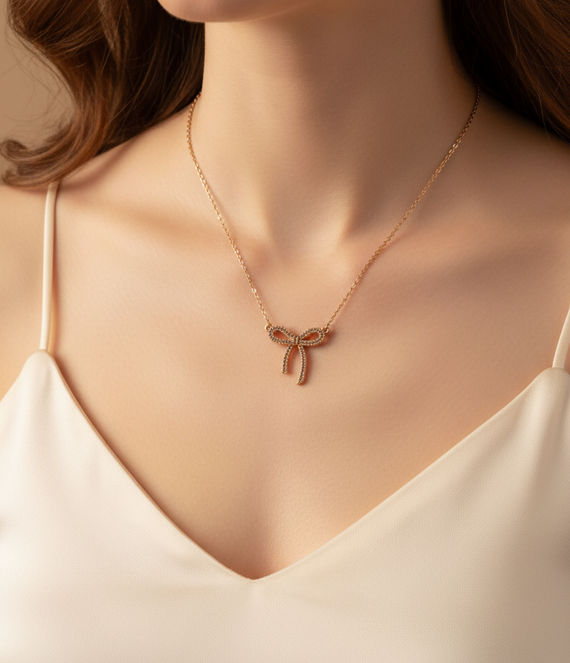 Gold necklace with a bow-shaped pendant worn by a model in a white top.