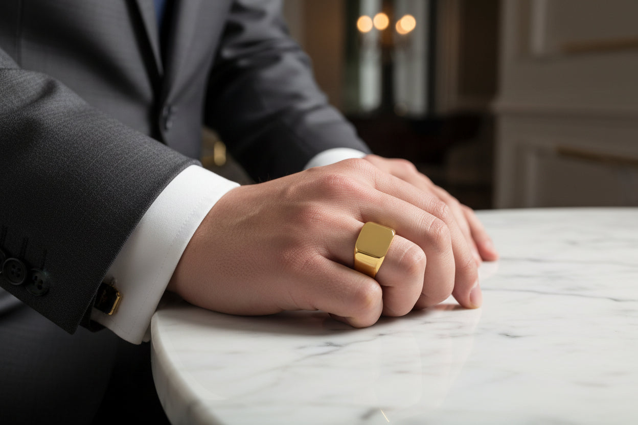 Hand wearing a gold ring on a marble surface with a blurred background